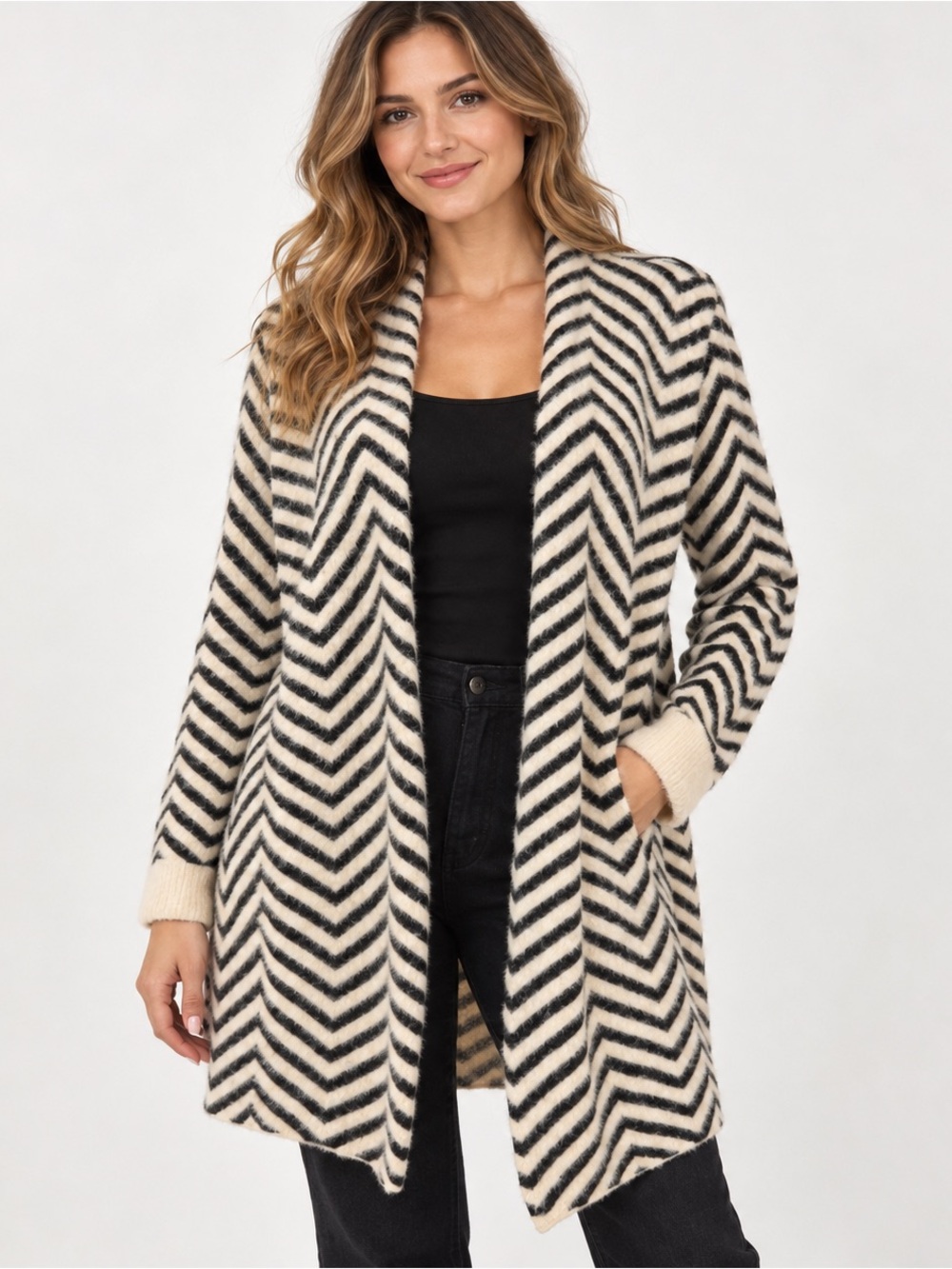 Cyrus Fuzzy Chevron Longline Cardigan Black Ivory L